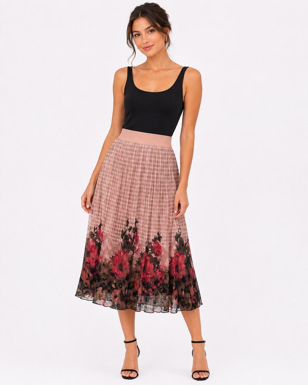Metrowear Pink Floral Print Elastic Waist A-Line Midi Skirt